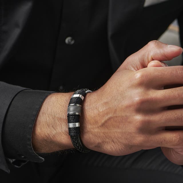 Black Leather & Silver-Tone Stainless Steel Icon Bracelet