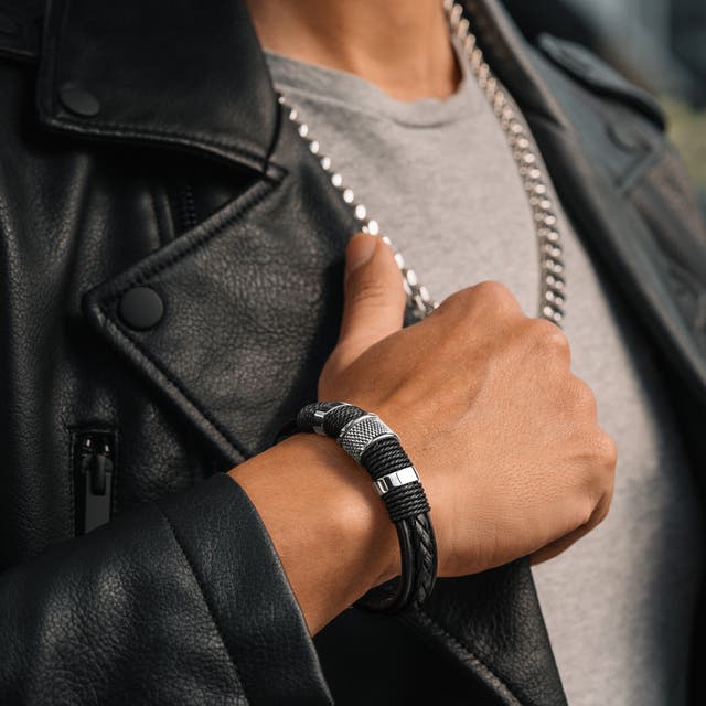 Black Leather & Silver-Tone Stainless Steel Icon Bracelet